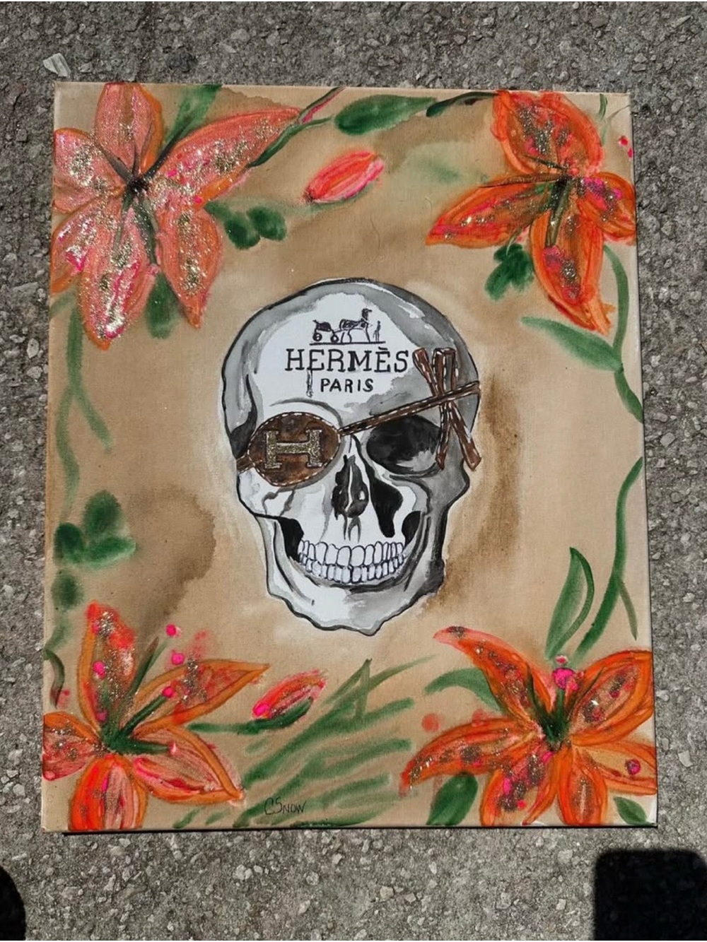 Hermes Skull Canvas with Orange Floral Accents “A Pirate in Paris”